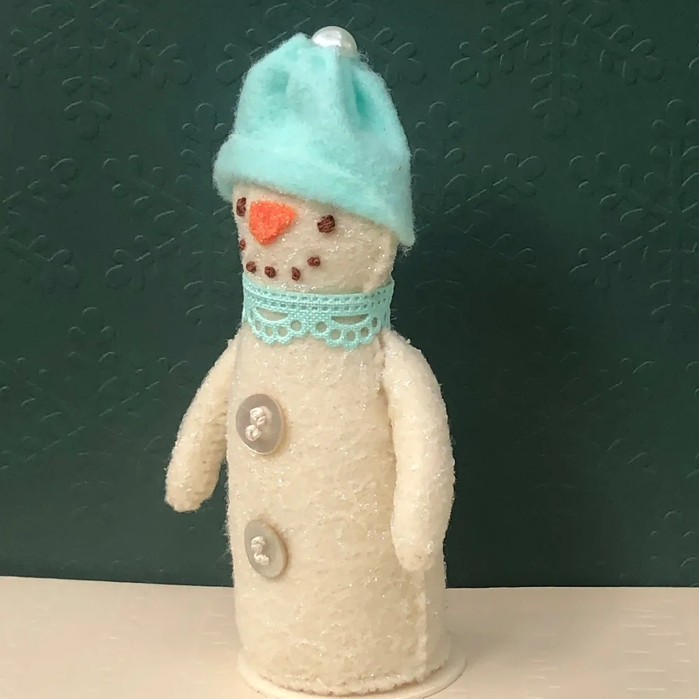 Snowman Art Doll Felt Coastal hand-sewn aqua hat handmade